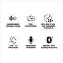 Iconen: Marshall-geluid, 360° stereofonisch, 32+ uur afspeeltijd, stof- en waterdicht, ingebouwde microfoon, Bluetooth Audio.