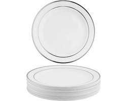 MATANA - 25 Witte Herbruikbare Plastic Borden met Zilveren Rand (26cm) - Stevige en Herbruikbare Borden voor Feestjes, Bruiloften, Verjaardagen, Kerstmis