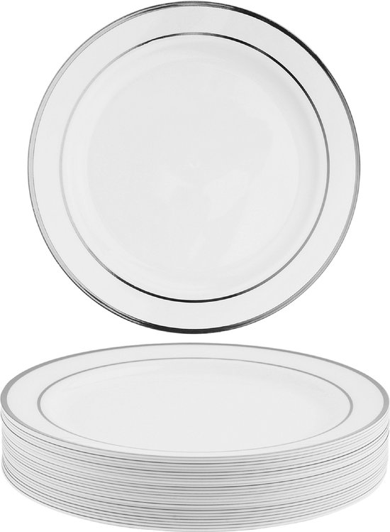 MATANA - 25 Witte Herbruikbare Plastic Borden met Zilveren Rand (26cm) - Stevige en Herbruikbare Borden voor Feestjes, Bruiloften, Verjaardagen, Kerstmis