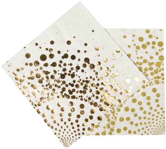 Witte papieren servetten met een glanzend gouden stippenpatroon dat naar de rand toe vervaagt.