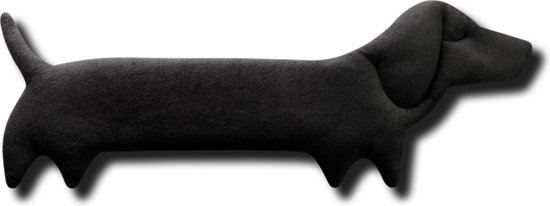 Zwart wollen warmtekussen in de vorm van een teckel.