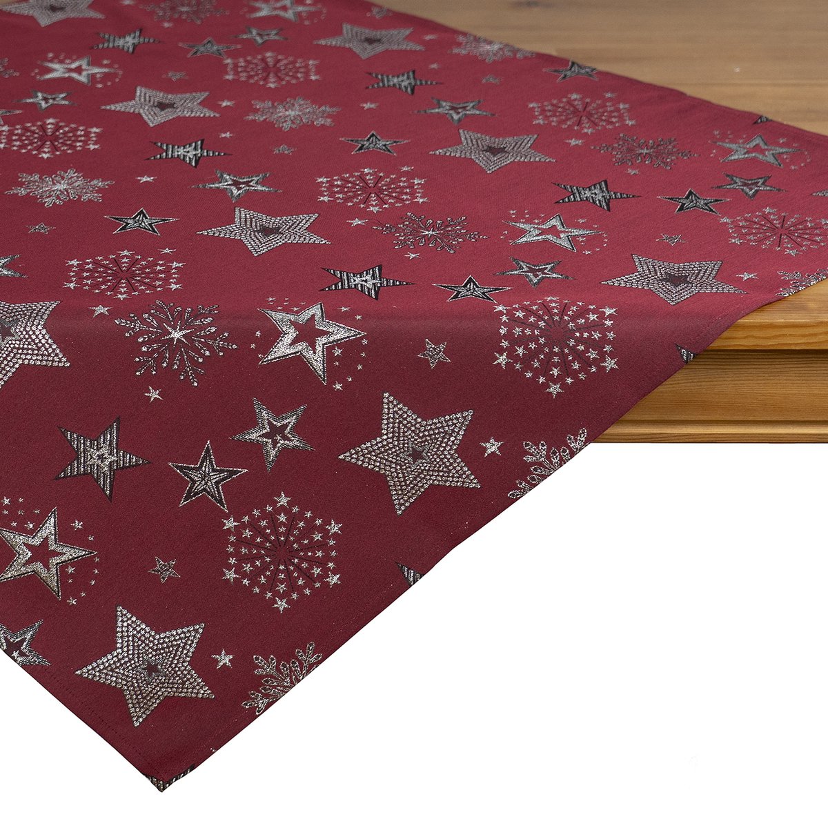 Tafelkleed - Linnenlook - Rood met zilveren sterren - 85 x 85 cm