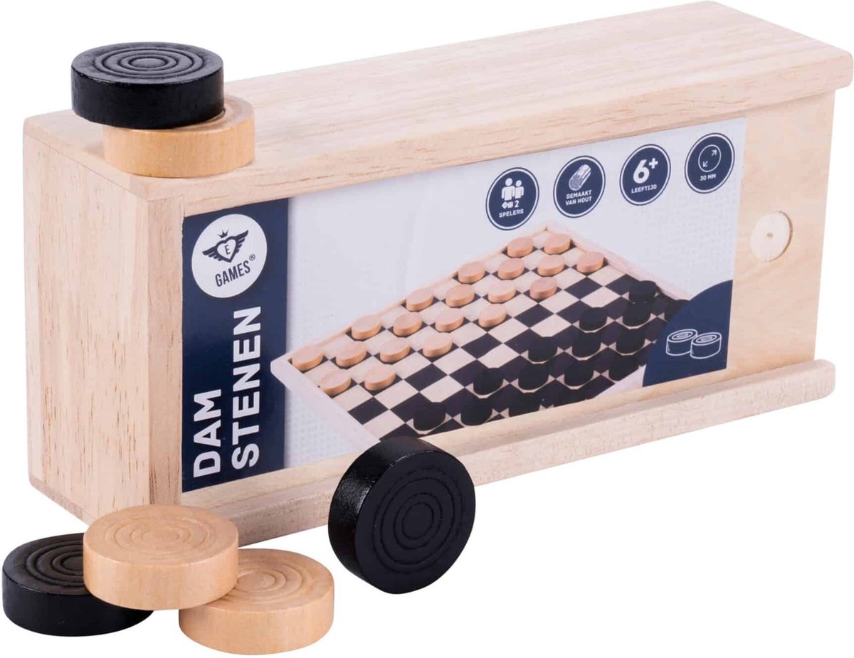 Damstenen van Essenhout – 30 mm – Zwart & Naturel – Inclusief Houten Kistje met Schuifdeksel – Dammen Set – Engelhart