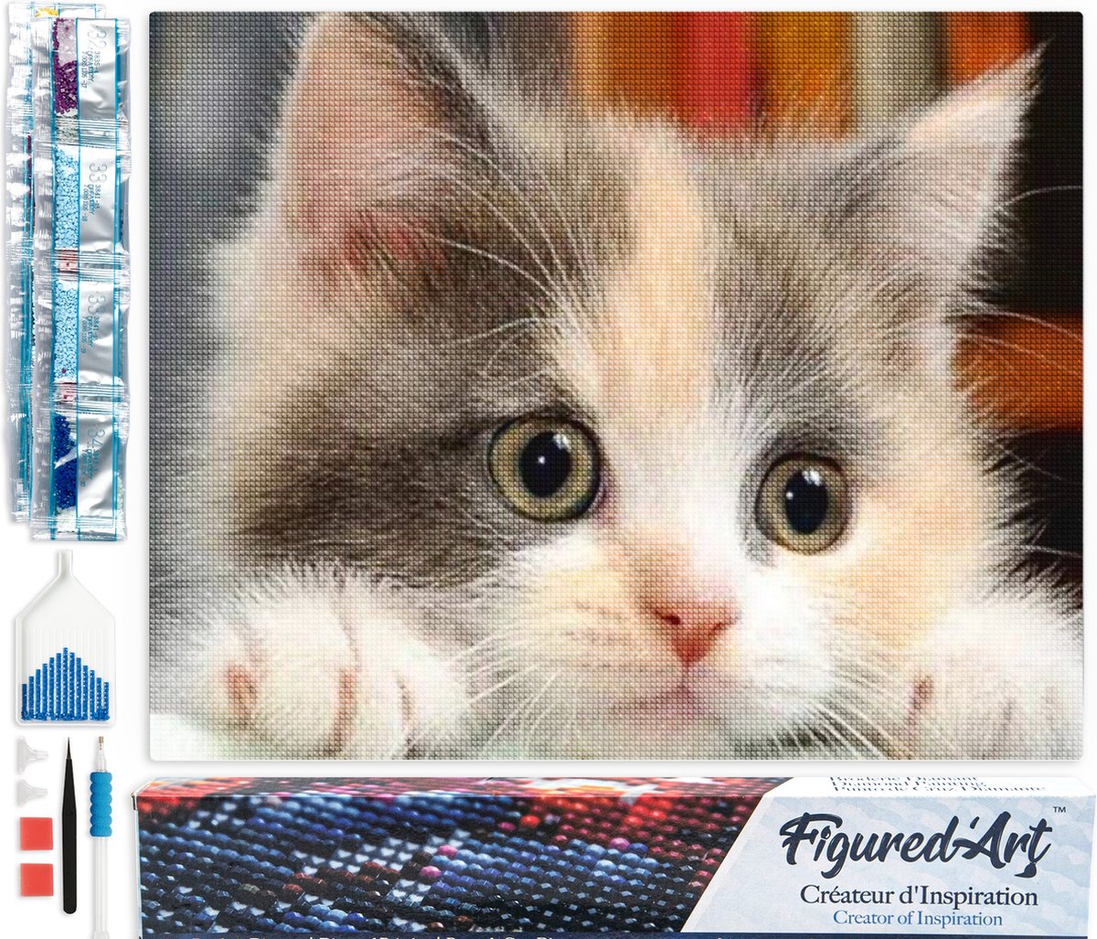 Figured'Art Diamond Painting set Volwassenen 40x50 cm Nieuwsgierige kleine kat - 5D DIY Art full drill vierkante diamant - Opgerold canvas