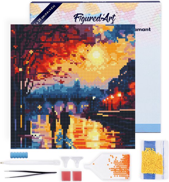 Figured'Art Mini Diamond Painting set Volwassenen 25x25 cm met lijst Romantische Nacht - 5D DIY Art full drill ronde diamant - Canvas al ingelijst