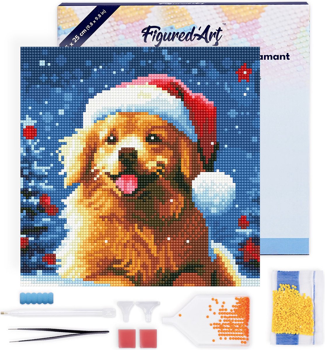 Figured'Art Mini Diamond Painting set Volwassenen 25x25 cm met lijst Hond in Besneeuwde Kerst - 5D DIY Art full drill ronde diamant - Canvas al ingelijst