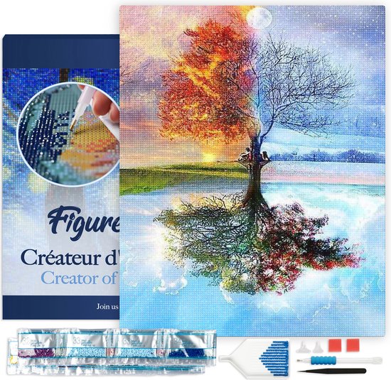 Figured' Art Diamond Painting Set Adultes 40x50 cm avec cadre Arbre 4 saisons classique - 5D DIY Art Full Drill Square Diamond - Toile déjà encadrée