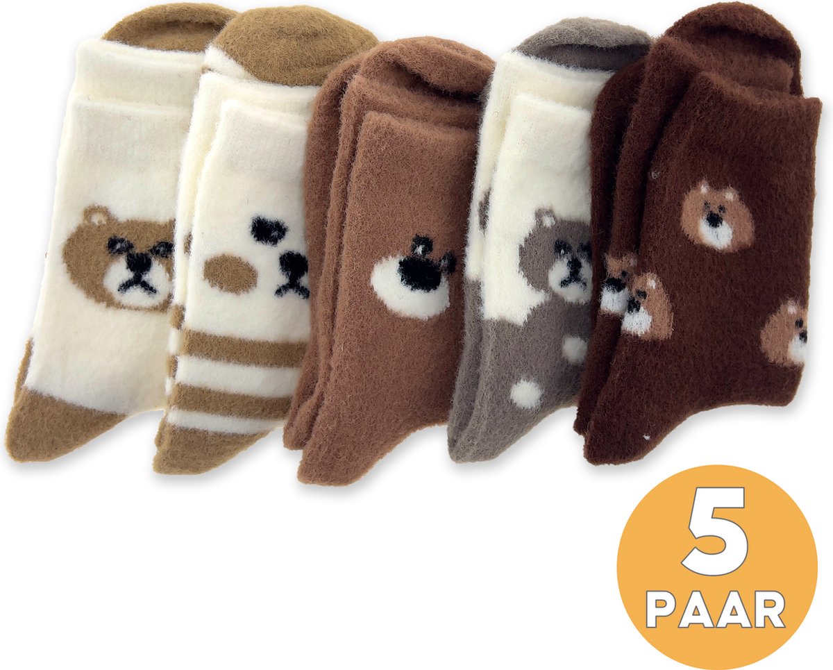 VOLQU® Sokken - ONA Series - 5 Paar - Maat 39 42 - Sokken Dames - Huissokken - Warme Sokken Dames - Premium Katoen Normale Sokken - Cadeau Voor Vrouw - Donker Bruin | Grijs | Bruin | Creme | Hardalgeel
