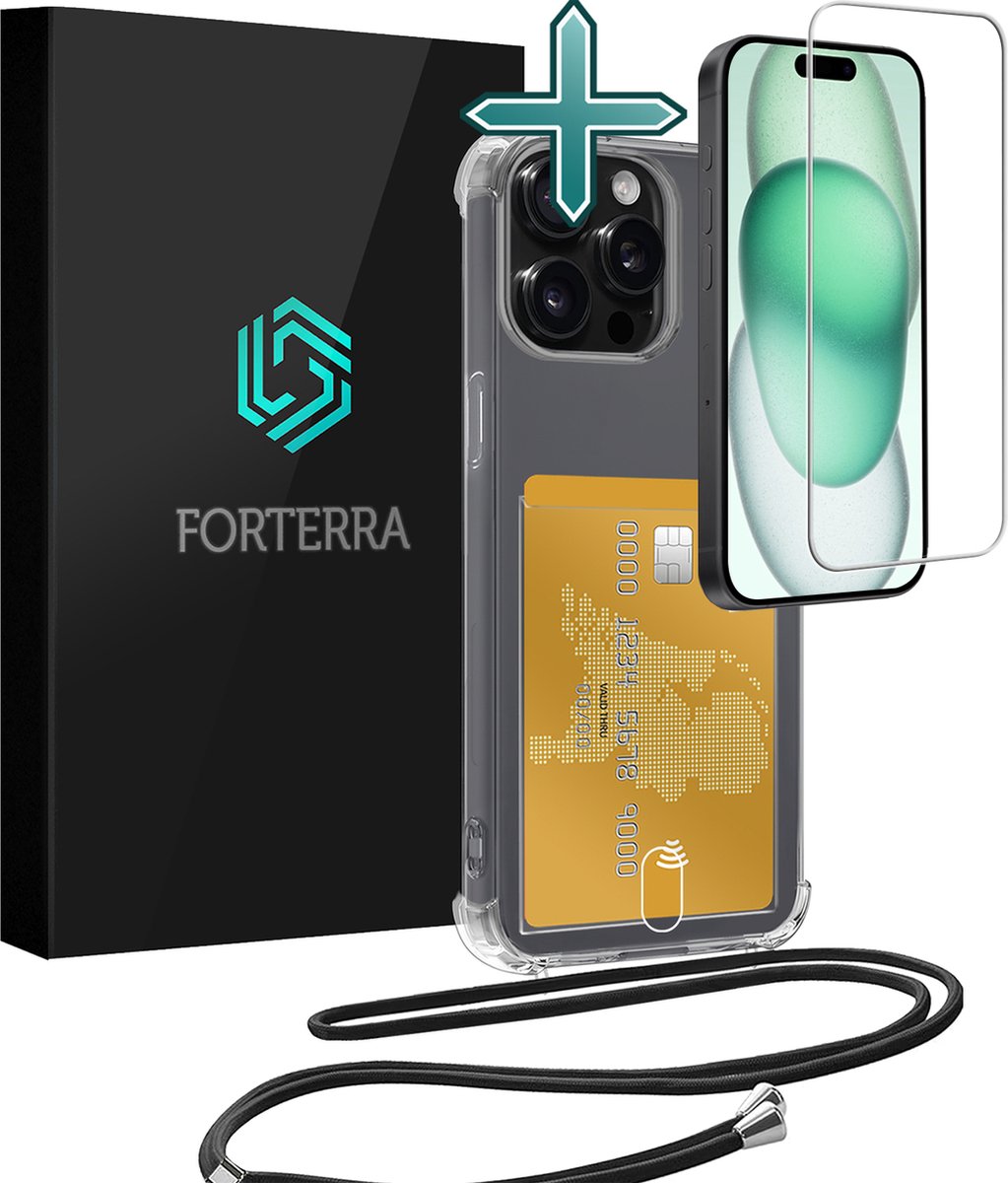 Hoesje Geschikt voor iPhone 12 Pro Max Pashouder Case Siliconen Hoes Met Koord Met Screenprotector - Hoes Geschikt voor iPhone 12 Pro Max Met Telefoonkoord Hoesje Back Cover Met Pasjeshouder - Transparant