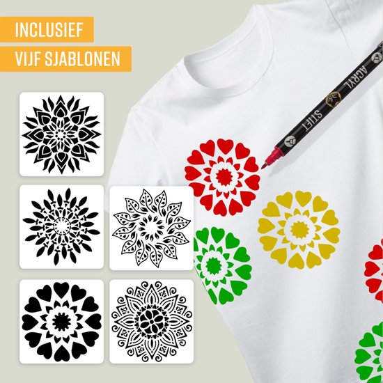 Witte T-shirt met rode, gele en groene mandala-stempels. Een zwarte stift met 'ACRYL STIFT' erop, kleurt een rode mandala. Zes mandala sjablonen. Geel tekstblok: 'INCLUSIEF VIJF SJABLONEN'.