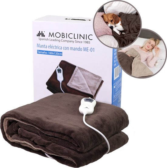 Mobiclinic ME-01 - Elektrische deken - Warmtedeken met afstandsbediening - 160x120 cm - Instelbare temperatuur - Oververhittingsbescherming - 3 Standen - Snel opwarmen - Wasbaar - Automatische uitschakeling - Bruin