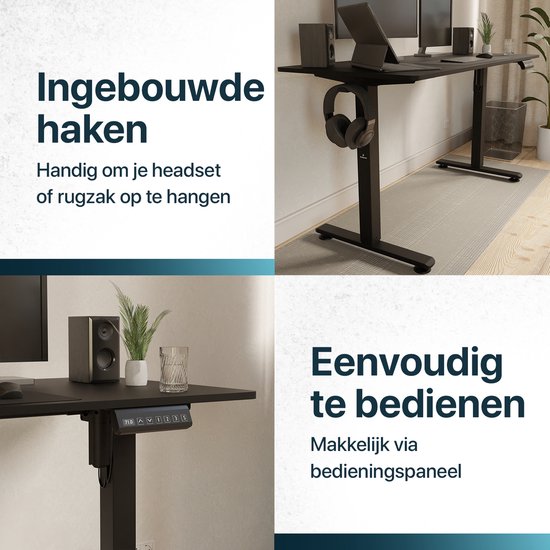 Flowsense Zit Sta Bureau - Verstelbaar Elektrisch Game Bureau - Incl. Headsethouder en Kabelbeheer - 140 x 60 cm - Zwart