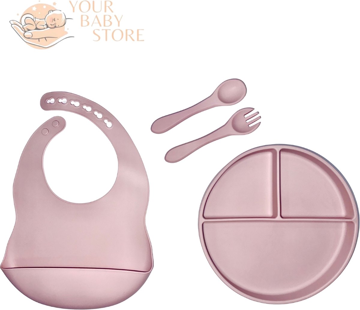 Goedkoopste Basic BabyHap set - 3 delig bord - bestek - slab met opvangbakje - Roze - siliconen - YOURBABYSTORE