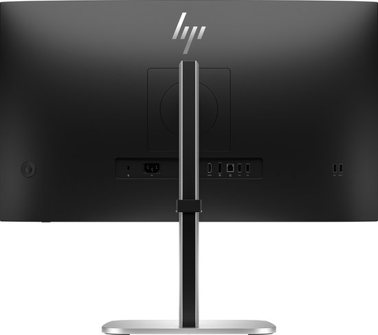 Achterkant van een zwarte monitor met zilveren standaard.