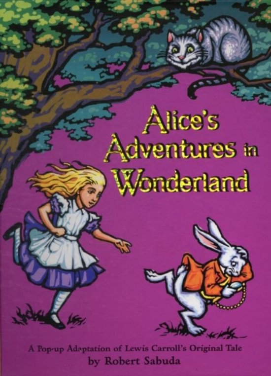 Alice's Adventures in Wonderland pop-up boek met Alice, een witte konijn en een kat op een boomtak.