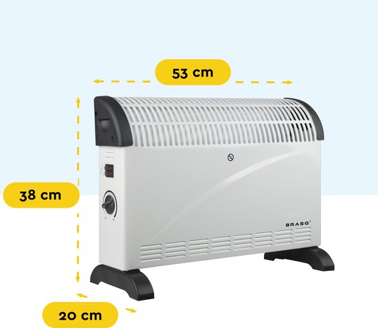 Witte convector kachel met zwarte voet en handgrepen, 53 cm breed, 38 cm hoog en 20 cm diep.
