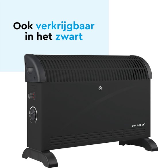 Zwarte convector kachel met zwarte voet en handgrepen. Verstelbare thermostaat en 3 warmtestanden.
