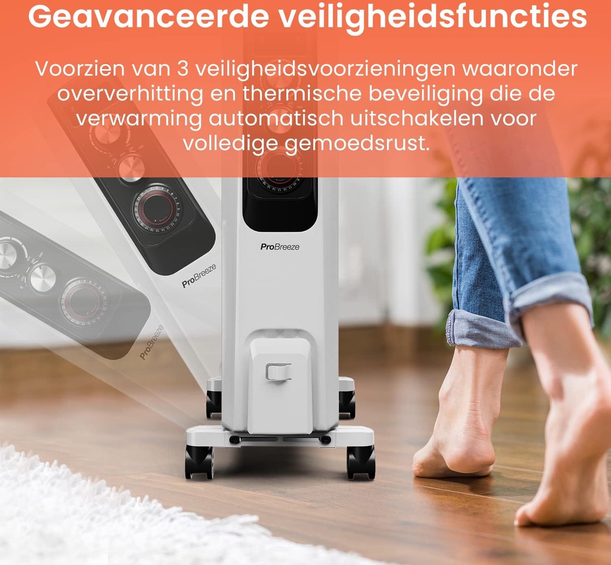 Pro Breeze 2000W Elektrische Verwarming tot 32 m2 - Olieradiator incl. Afstandsbediening, LED-Scherm, Ingebouwde Timer, 4 Warmtestanden, Thermostaat, Veiligheidsuitschakeling - Wit – foto 5