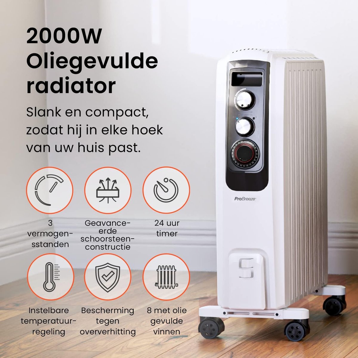 Pro Breeze 2000W Elektrische Verwarming tot 32 m2 - Olieradiator incl. Afstandsbediening, LED-Scherm, Ingebouwde Timer, 4 Warmtestanden, Thermostaat, Veiligheidsuitschakeling - Wit – foto 6
