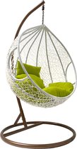 Rijoka Hangstoel Eggy Twisted Schommelstoel – Wit Rattan - Groen Kussen - Bruin Frame - Medium - Voor personen 1.60m Max.