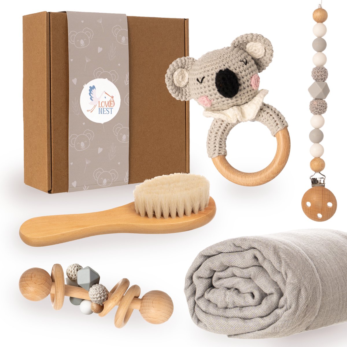 Goedkoopste Love Nest Kraamcadeau Jongen / Meisje - Baby Cadeau Babyshower - Baby Bijtring, Speenkoord en Knuffeldoekje - Kraammand met Kraamcadeautjes