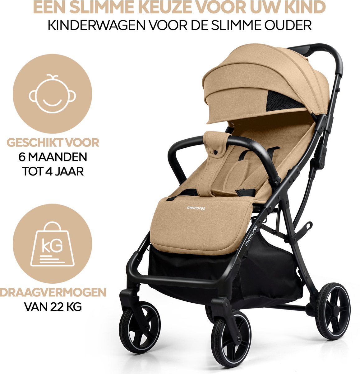 Memores Plooibuggy Khaki- Buggy Inklapbaar Inclusief Regenhoes en Bekerhouder - Peuter - Extra licht & Compact voor Vliegtuig, Auto & OV - Extra Veilig en Wendbaar door Grote Massieve Wielen - Tot 4 jaar - Kinderwagens - Wandelwagen - M1 – foto 6