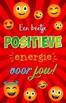 Een beetje positieve energie voor jou! Een bijzondere kaart met leuke smileys. Te gebruiken voor diverse gelegenheden. Een leuke kaart om zo te geven of om bij een cadeau te voegen. Een dubbele wenskaart inclusief envelop en in folie verpakt.