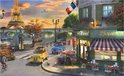 2000-delige legpuzzel met een schilderachtig tafereel van Parijs bij zonsondergang: de Eiffeltoren, Seine-brug, brasserie, klassieke auto's, wielrenner en kat.