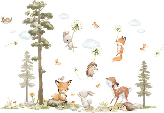 Muursticker Bosdieren en Paardenbloemen - 70x47cm - Dieren Bos - Zelfklevend PVC - Decoratie Babykamer - Kinderkamer - Jongen - Meisje