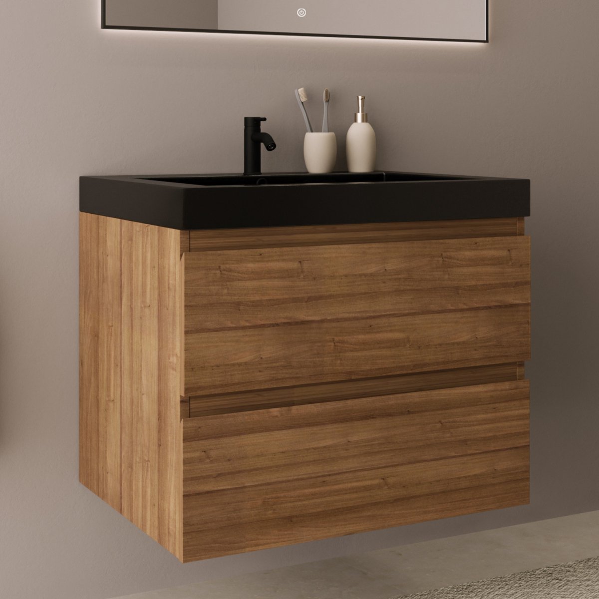 LOMAZOO Badkamermeubel Warm Eiken 60 cm - Wastafel Zwart - Wastafelmeubel - Wastafelkast Zwevend [MONACO]