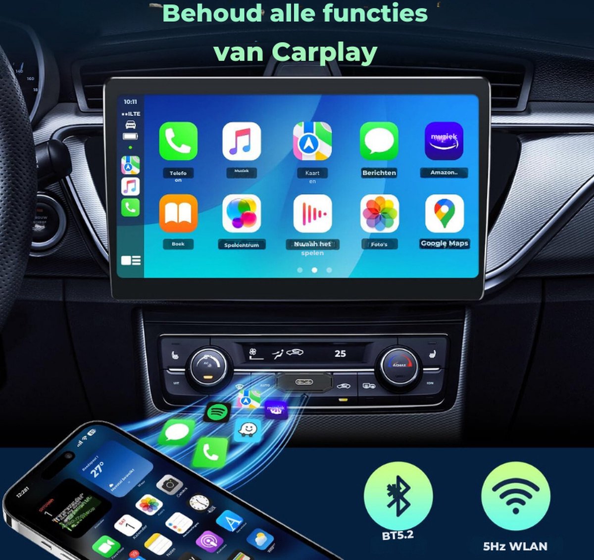 Stabiele Verbinding Adapter Draadloze Adapter Voor Android Auto & Apple CarPlay - Plug & Play, Geen Kabel Meer Draadloze Auto Zonder Kabel