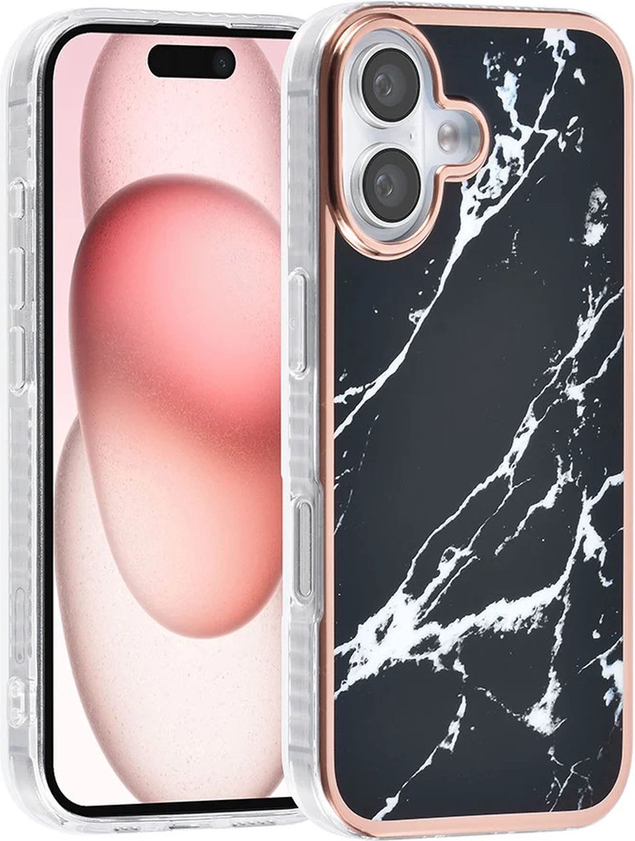 TPU Back Cover hoesje - Marble Zwart Print - Geschikt voor: iPhone 16