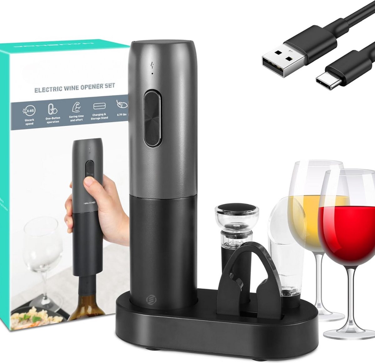Equivera Elektrische Kurkentrekker Set - Automatische Wijnopener - Wijn Accessoires - Flessenopener - Cadeautip - Premium