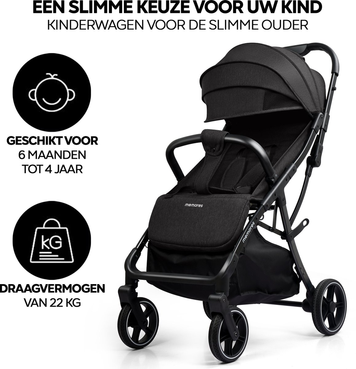Memores Plooibuggy Zwart - Buggy Inklapbaar Inclusief Regenhoes, Bekerhouder en Tassenhaken - Peuter -Extra licht & Compact voor Vliegtuig, Auto & OV - Extra Veilig en Wendbaar door Grote Massieve Wielen - Tot 4 jaar - Kinderwagens - Wandelwagen - M1 – foto 6