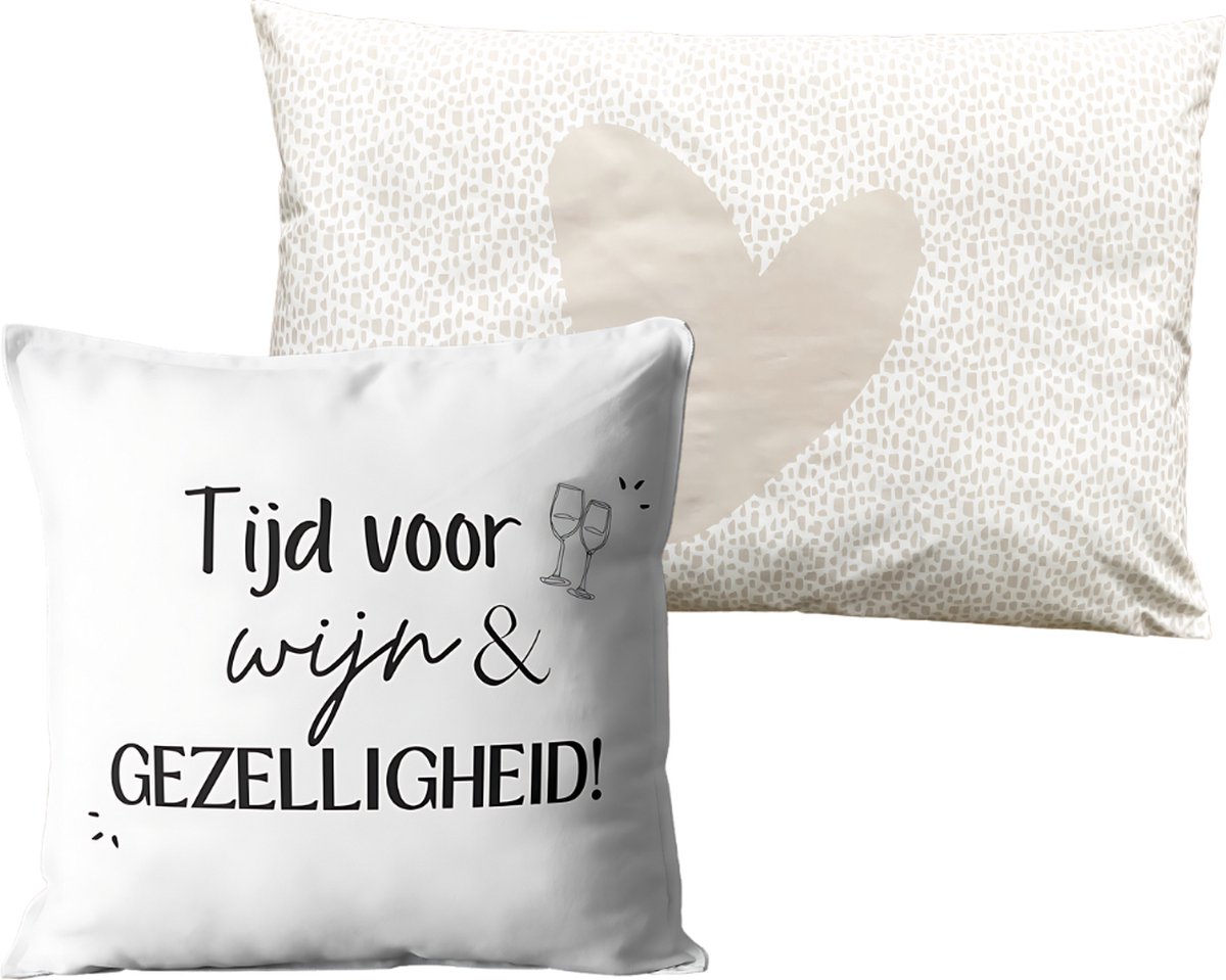 Buitenkussen Set van 2 voor Binnen en Buiten - Wijn / Beige Hart - 40x40 cm - Dubbelzijdig Ontwerp