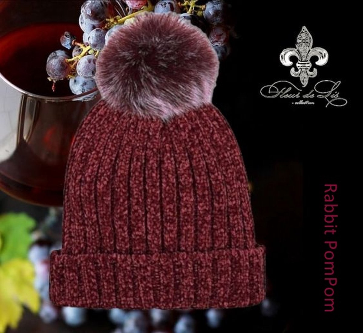 Fleur De Lis - Herfst / Winter muts - Rabbit PomPom - Velvet (wijnrood) pompom / donkerrode muts - volwassenen jeugd - unisex - casual feest