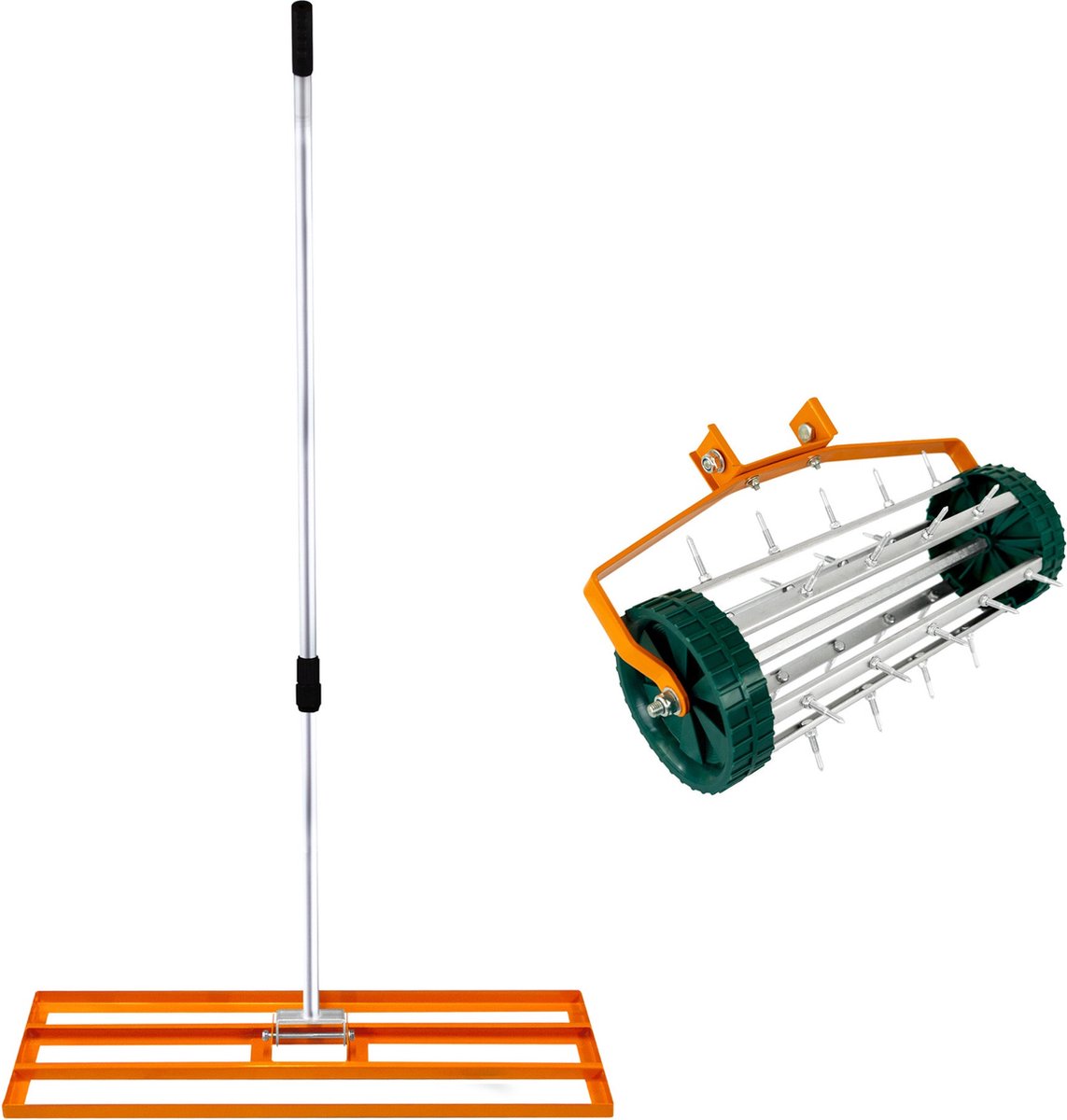 2-in-1 Verticuteer- en Gazonvlakker Set - Oranje, Gegalvaniseerd Staal, Handvat van 2m