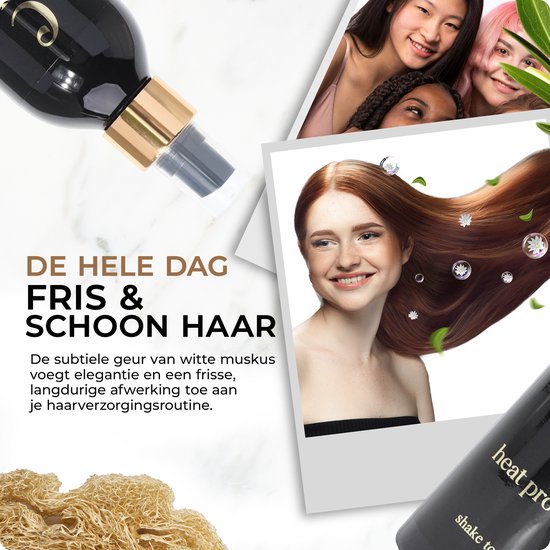 Model met lang, bruin haar met blaadjes en bubbels. Diverse vrouwen op een foto op de achtergrond.