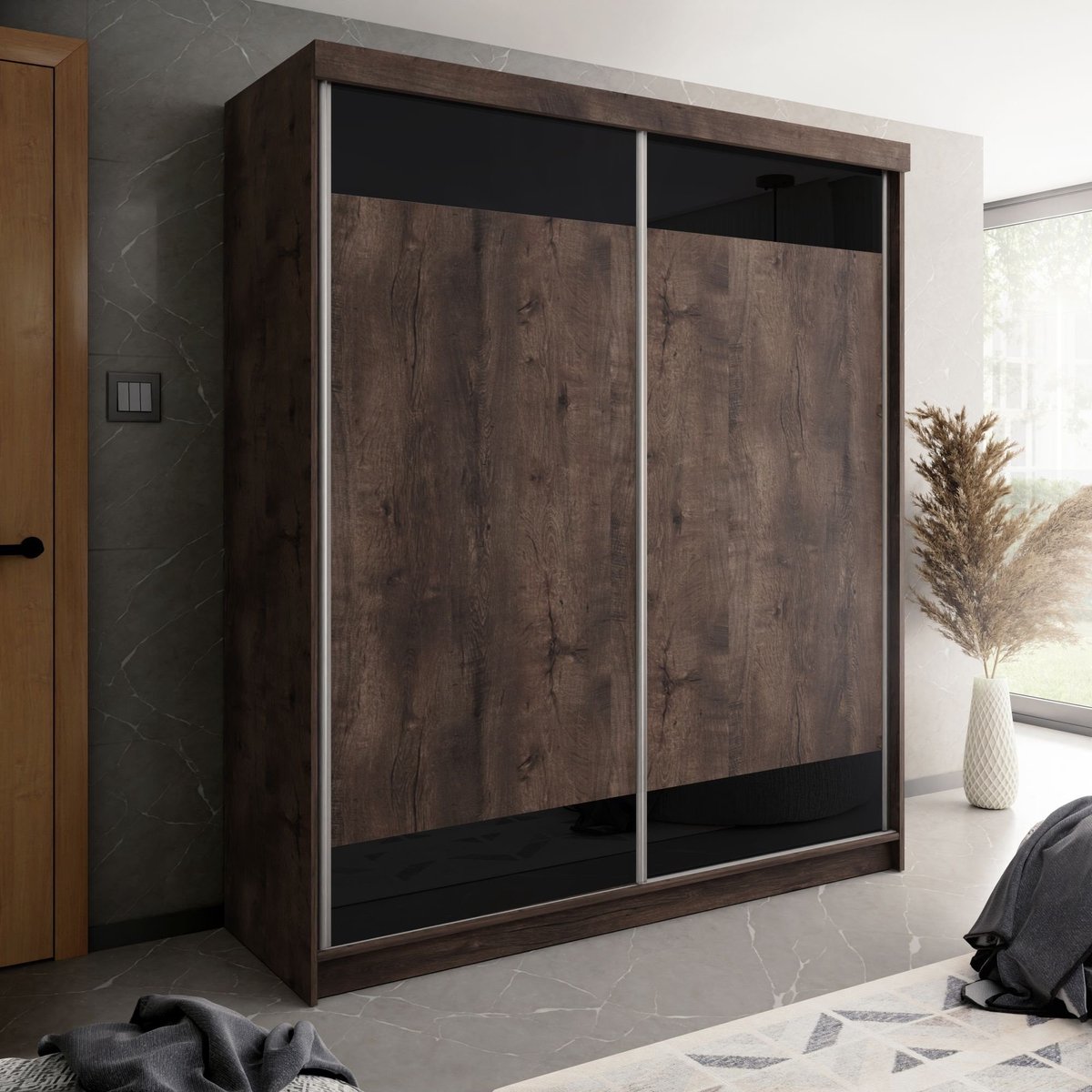 Kledingkast-Opbergkast-Kledingkasten Slaapkamer-Kleding Kast-Roedestang-Legplanken-Schuifdeurkast-donker eiken zwart 200 cm
