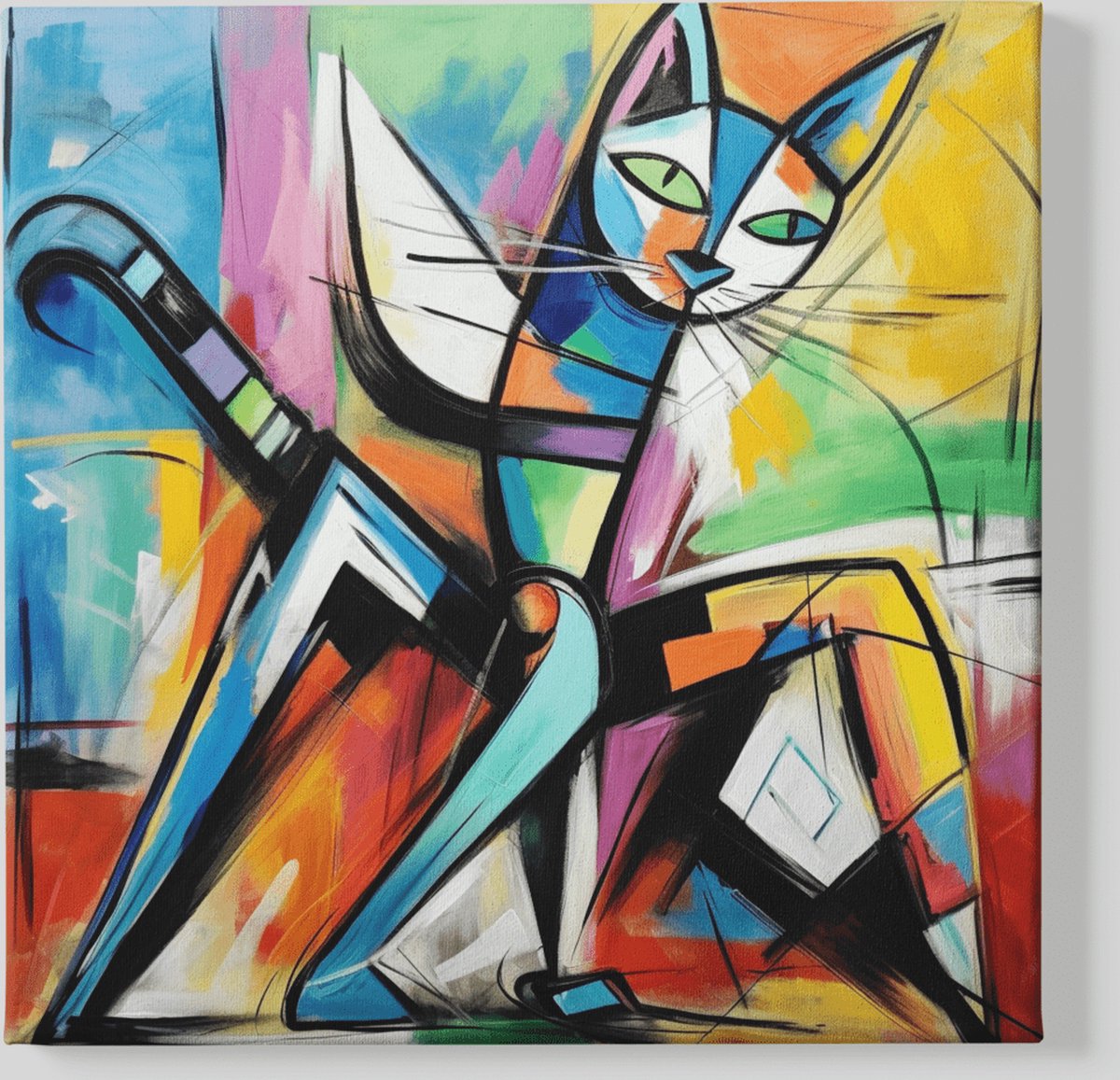 Trendex Global Vierkant Canvas Schilderij - Abstracte Dieren - Kat - 40x40x2 cm Kleurrijk