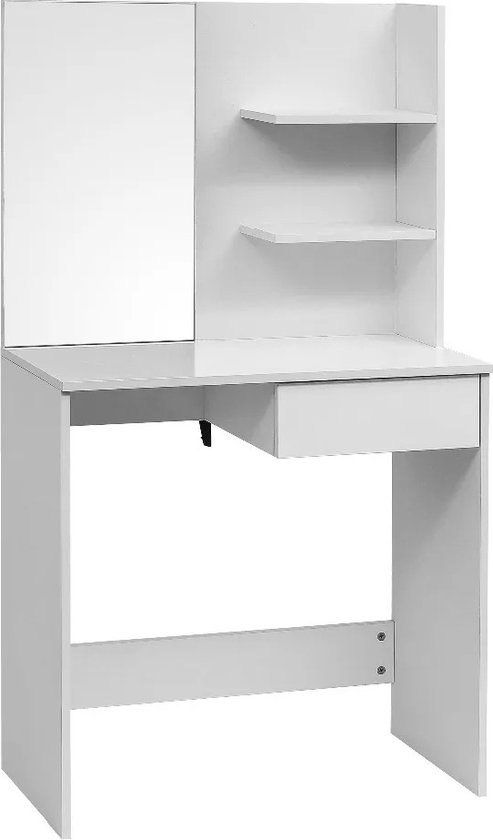 Amalee - Coiffeuse - Wit - Avec miroir - Avec tiroirs - Tabouret inclus - Avec 2 étagères - 75 x 40 x 138 cm (L x P x H) - Table de maquillage - Pour chambre d'adolescent