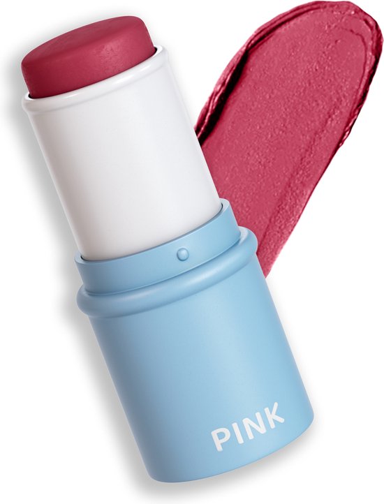 Roze blush stick met een veeg roze blush ernaast. De stick heeft een lichtblauwe dop met 'PINK' erop.