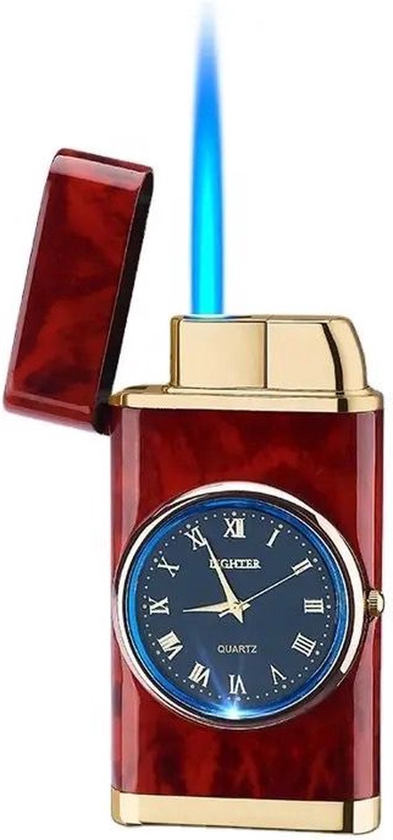 Luxe Aansteker - Rood Gouden Aansteker - Cadeau voor Vrouw - Cadeau voor Man - Aansteker met Klok - Kerstcadeau - Valentijnscadeau - Moederdag - Vaderdag - Verjaardag - Kerst Geschenk - Windproof - Aansteker Gas - Aanstekers
