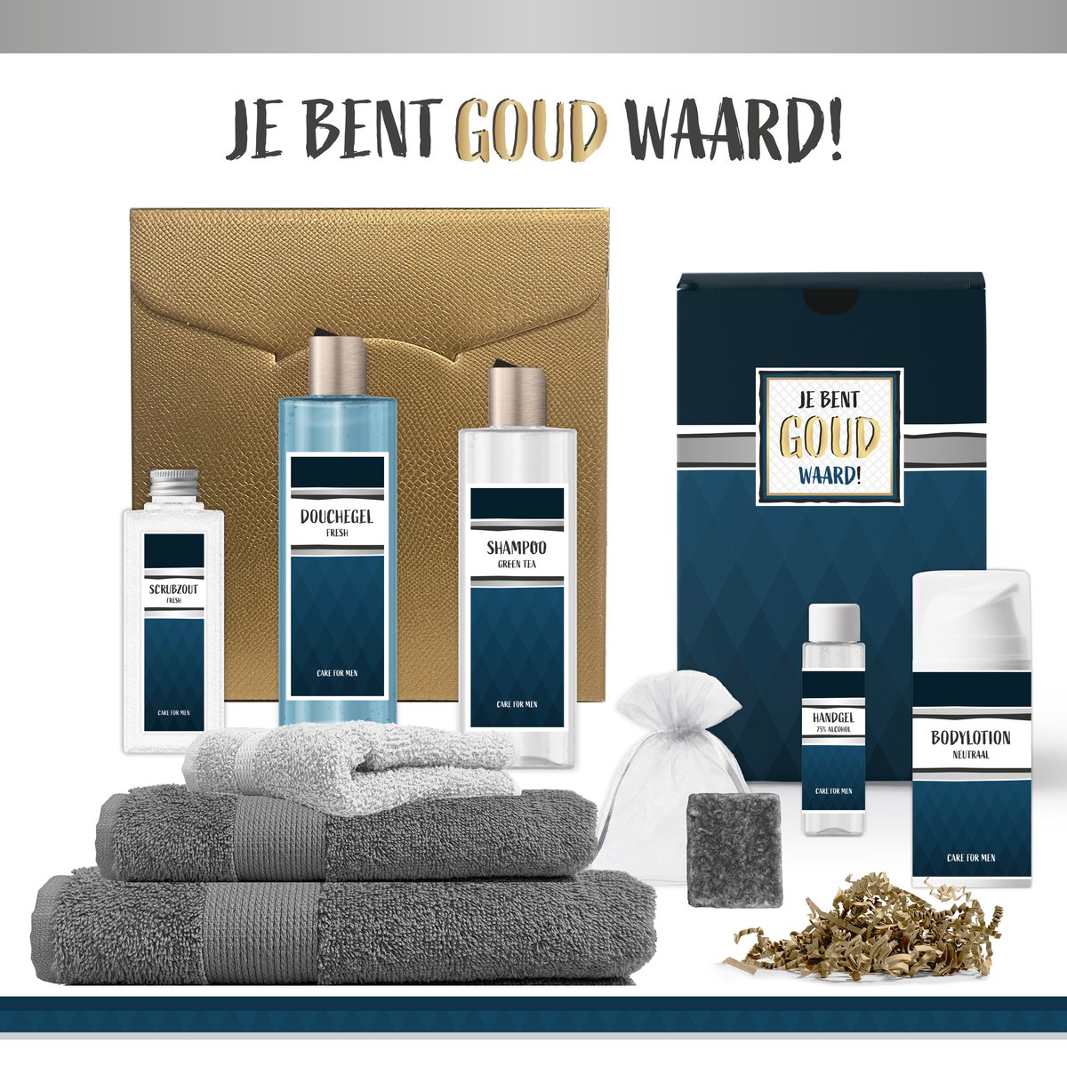 Goedkoopste Geschenkset Je bent goud waard! - 9 Producten - 1275 Gram | Luxe Cadeaubox voor hem - Wellness Pakket Man - Gift Speciaal voor hem - Giftset Douchegel - Handdoeken - Cadeaupakket Verjaardag - Vaderdag - Cadeau Pakket - Collega Vriend Vader - Blauw