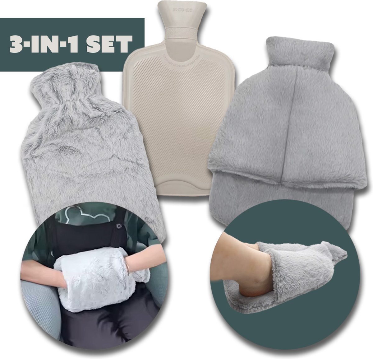 Goedkoopste Warmwaterkruik - 3-in-1 Set met Fleece Handenwarmer en Voetenwarmer - Inhoud 2 liter - Kruik met hoes - Warmtekruik Grijs - Cadeau Voor Man en Vrouw