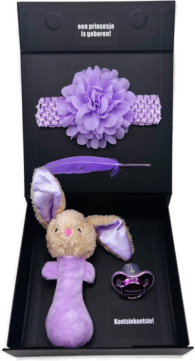 Goedkoopste Kraamcadeau meisje met rammelaar, speen en hoofdband, aanbieding - geboortegeschenk - ook rechtstreeks als cadeau te versturen