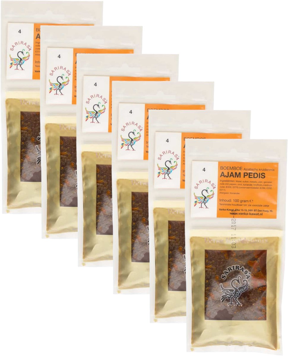 Sarirasa® | 6 x 100 gram Ajam Pedis Boemboe | Aziatische kruidenmix | nr 4 | Glutenvrij