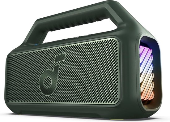 Donkergroene draagbare luidspreker met een zilverkleurig grill, draaggreep en multi-color LED-verlichting aan de zijkanten.