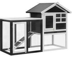 PawHut Konijnenhok Dennenhout 123,5L x 62,6B x 92,5H cm Grijs+Wit