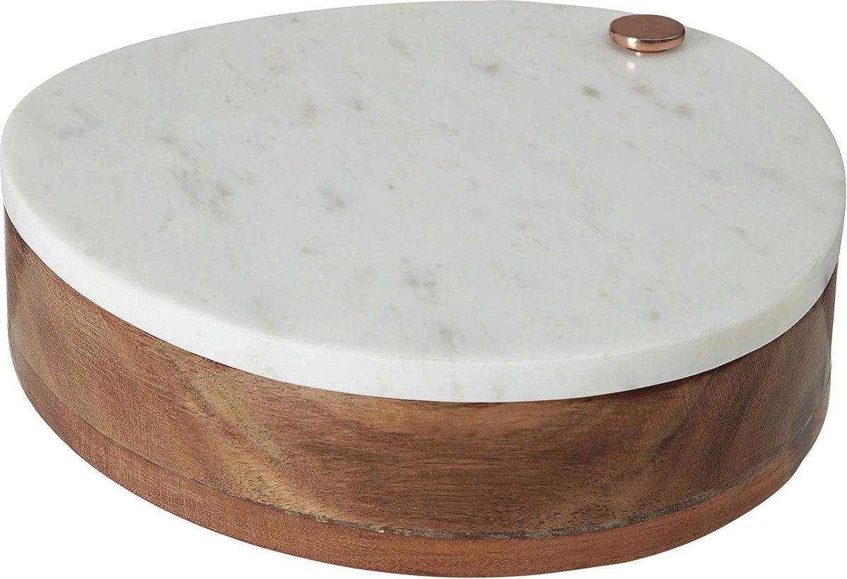 Marmeren kaasplank en messenset koper/hout - wit met handvat van walnoothout